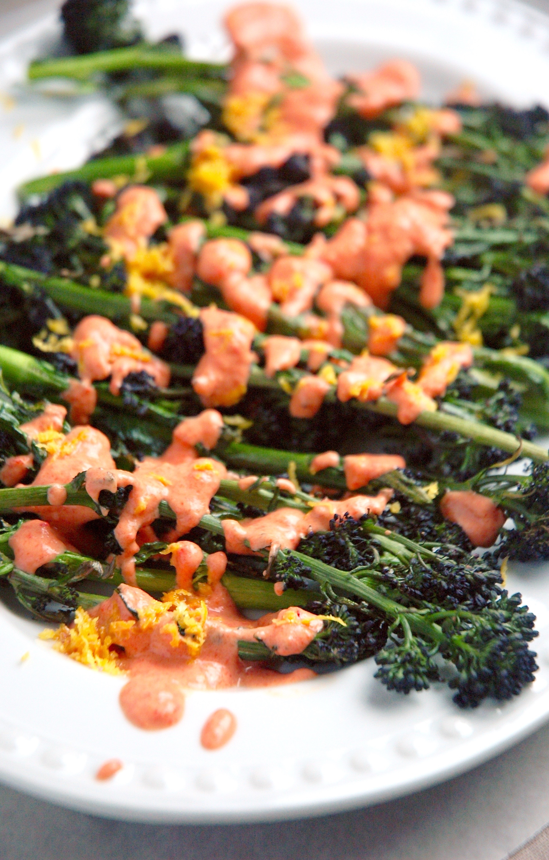Charred Purple Broccoli with Creamy Roasted Red Pepper Sauce