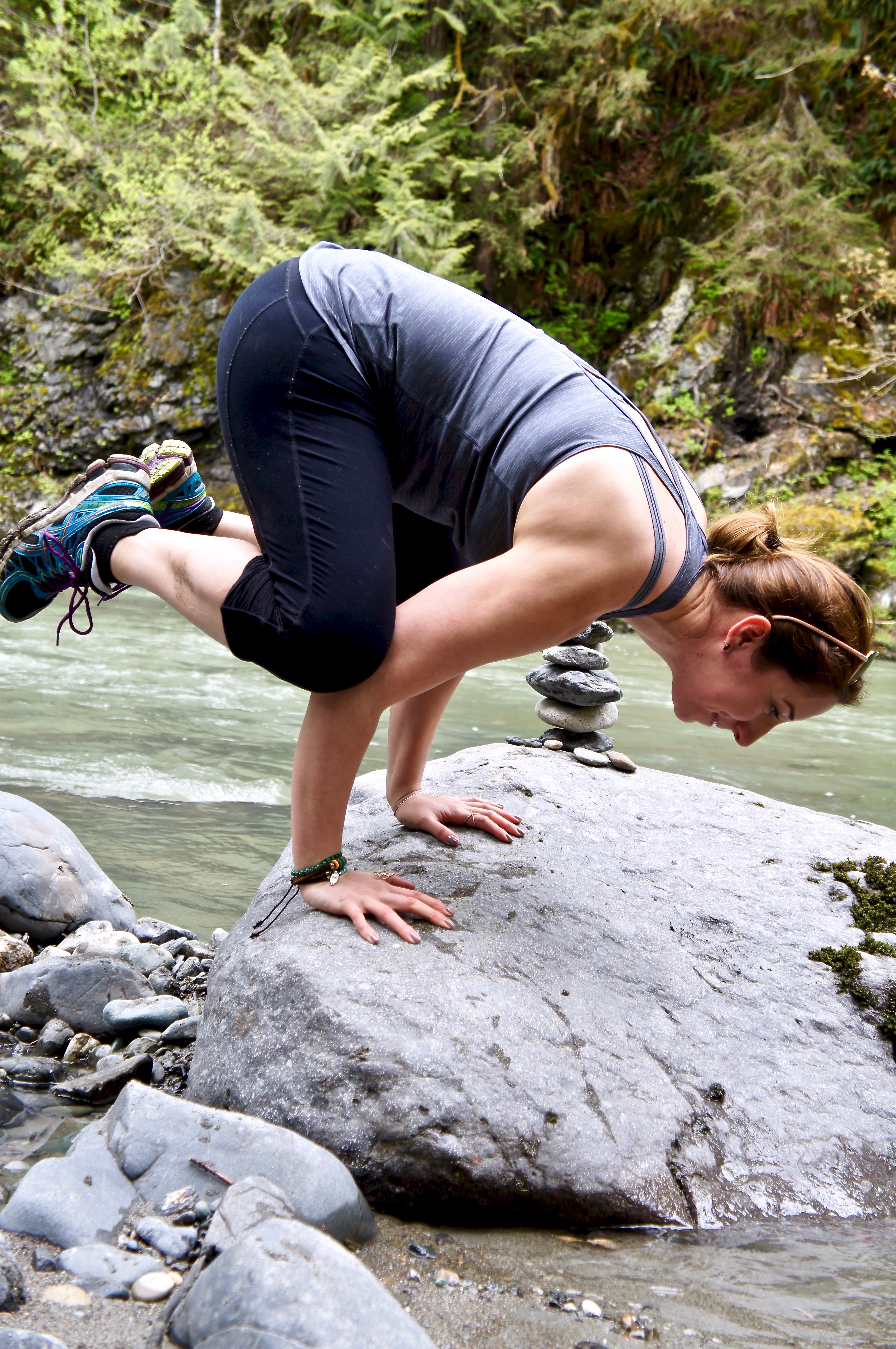 Crow pose in front of the Stillaguamish river